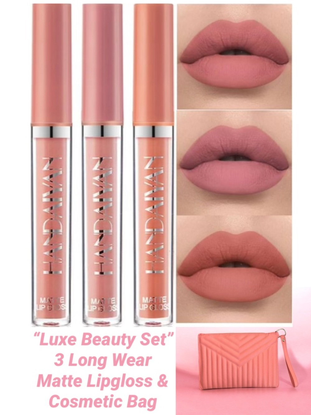 Luxe Velvet Matte Lipgloss Trio Handaiyan Lip Beauty Set Wristlet Makeup Bundle
